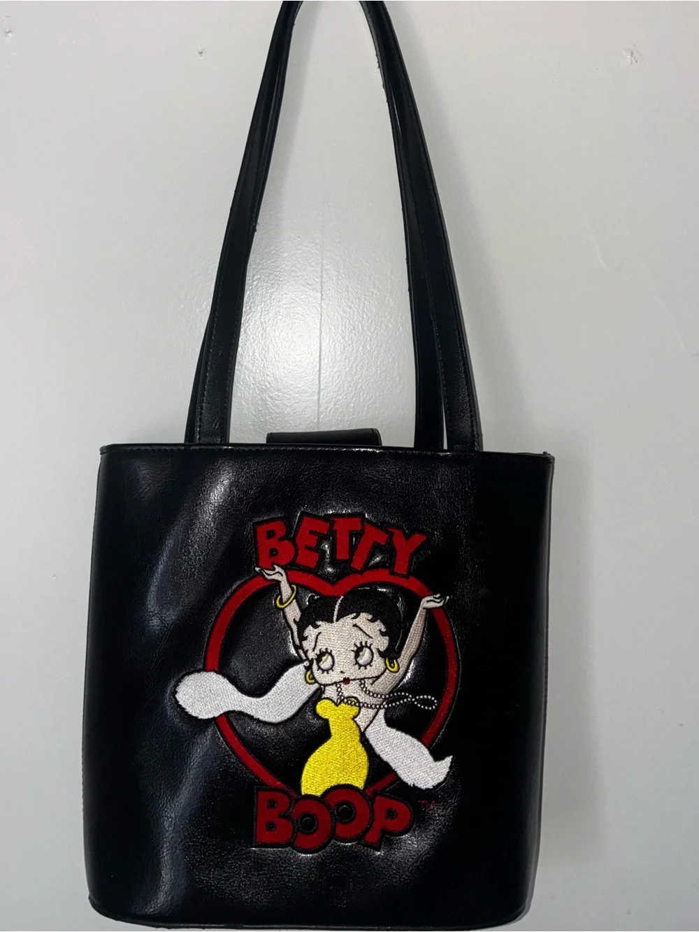 Betty Boop Black Faux Leather Tote Bag with Embroidered Graphic - Picture 1 of 4